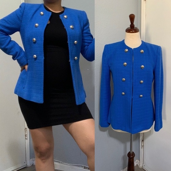 Zara Women Blue High Neck Double Breasted Textured Tailored Cotton Blazer Size M - Picture 17 of 17